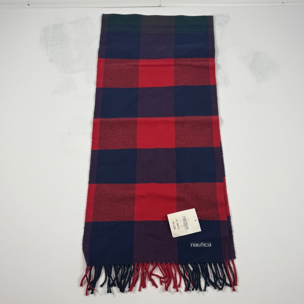 Nautica Vintage Scarf Red Navy Blue Buffalo Plaid Check Fringed Winter NWT